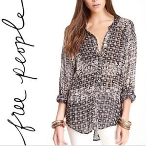 Free People Patterned Black & Tan Plaid Caravan Long Sleeve Top Size Medium